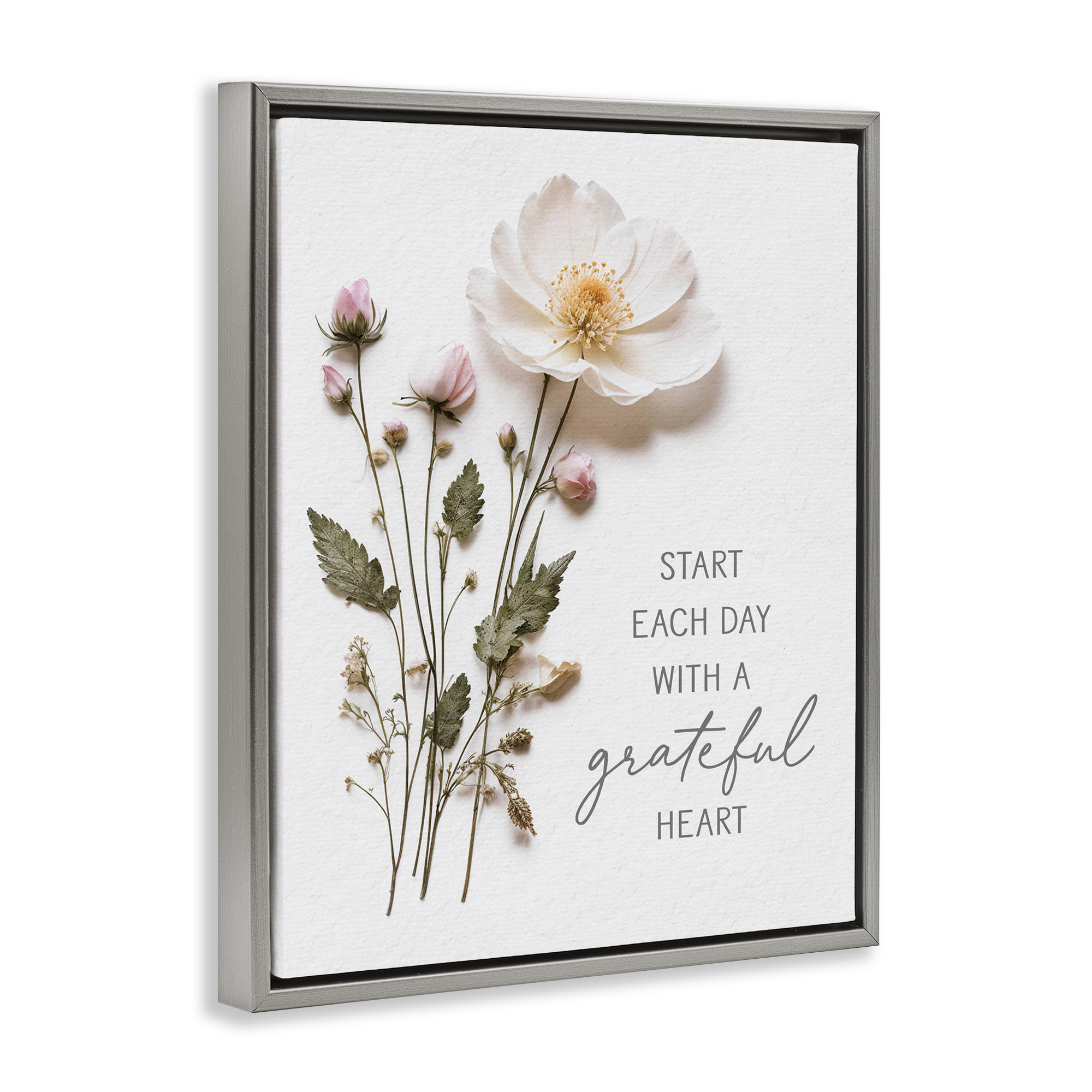 Grateful Heart Pressed Flowers Gray Framed Floater Canvas Wall Art, design by Lettered and Lined