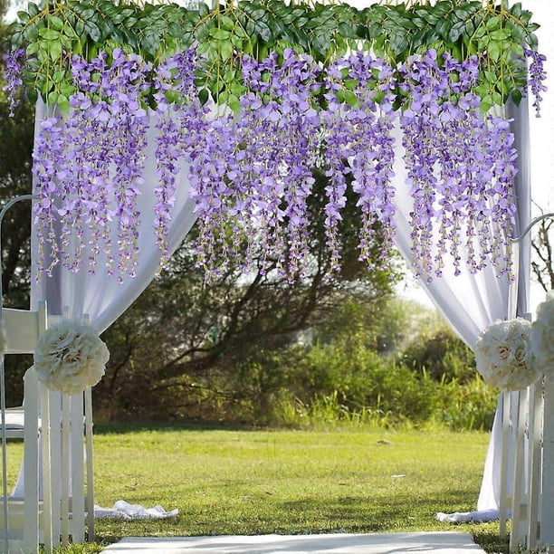 12pcs Artificial Flowers Silk Wisteria Vine Ratta Silk Flower Hanging Wedding Decor (Purple)