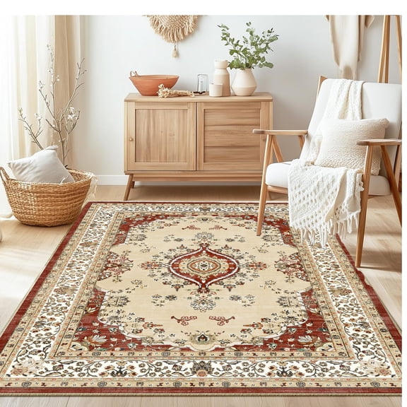 4x6 Rug - Stain Resistant Washable Rug, Anti Slip Backing Rugs for Living Room, Foldable Vintage Small Area Rugs, Red