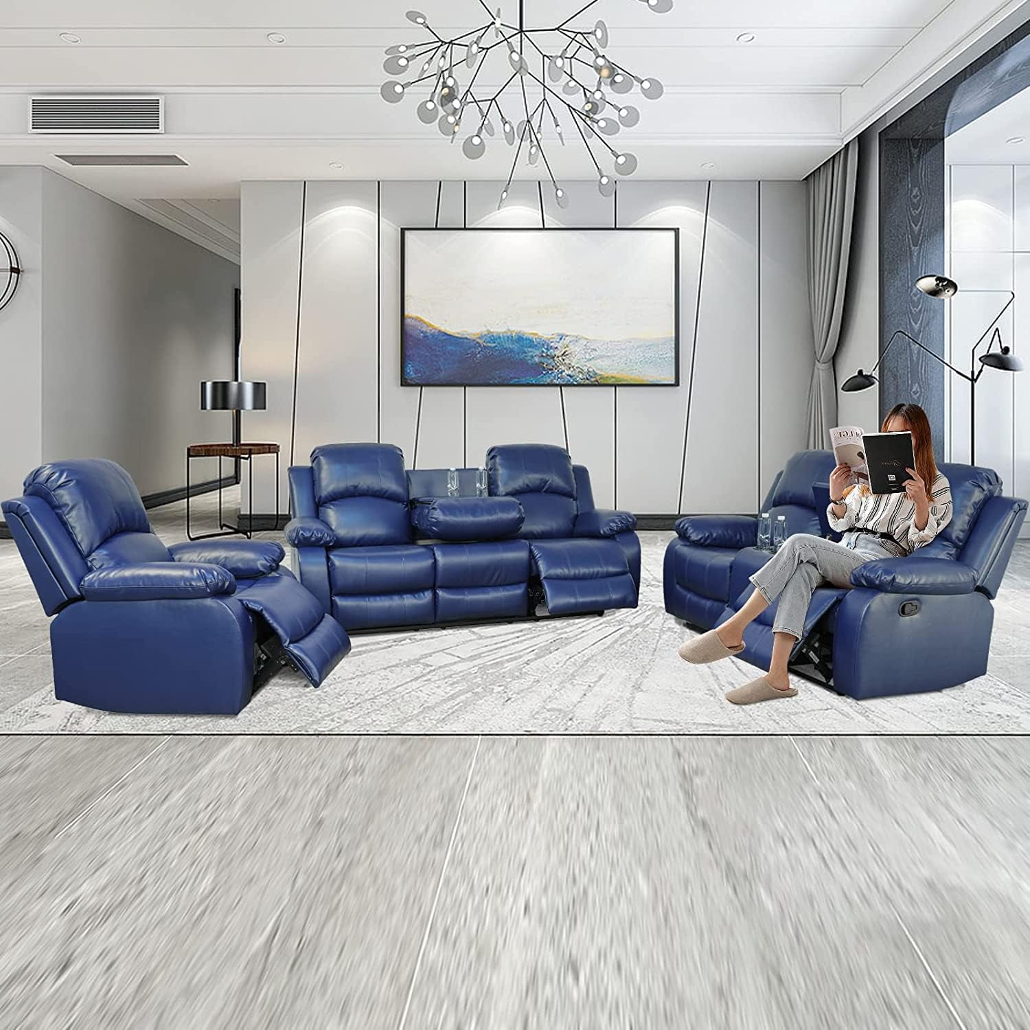 3 Piece Manual Recliner Sofa Couch, Home Theater Seating with Cup