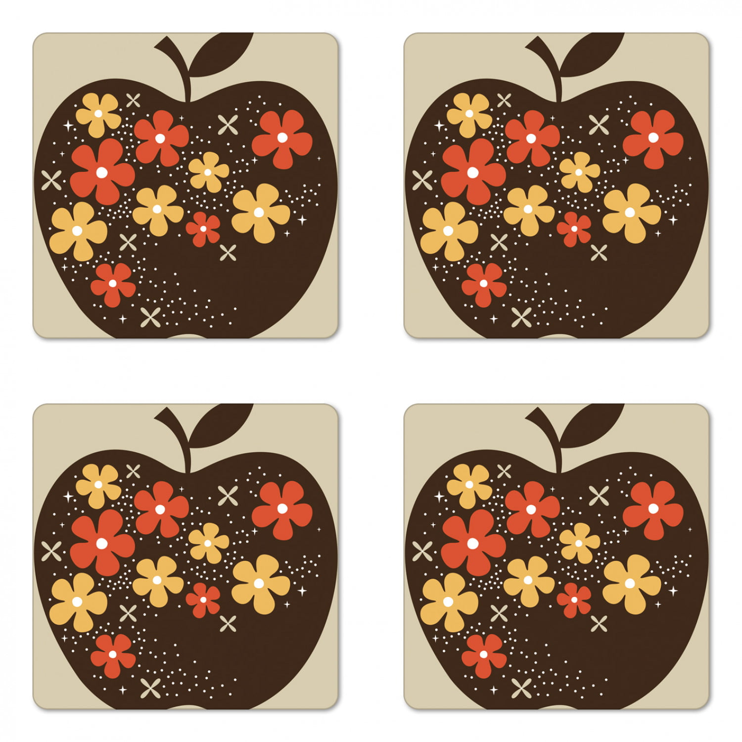 Download Modern Coaster Set of 4, Vector Design of a Wooden Like Apple with Floral Details Art, Square ...