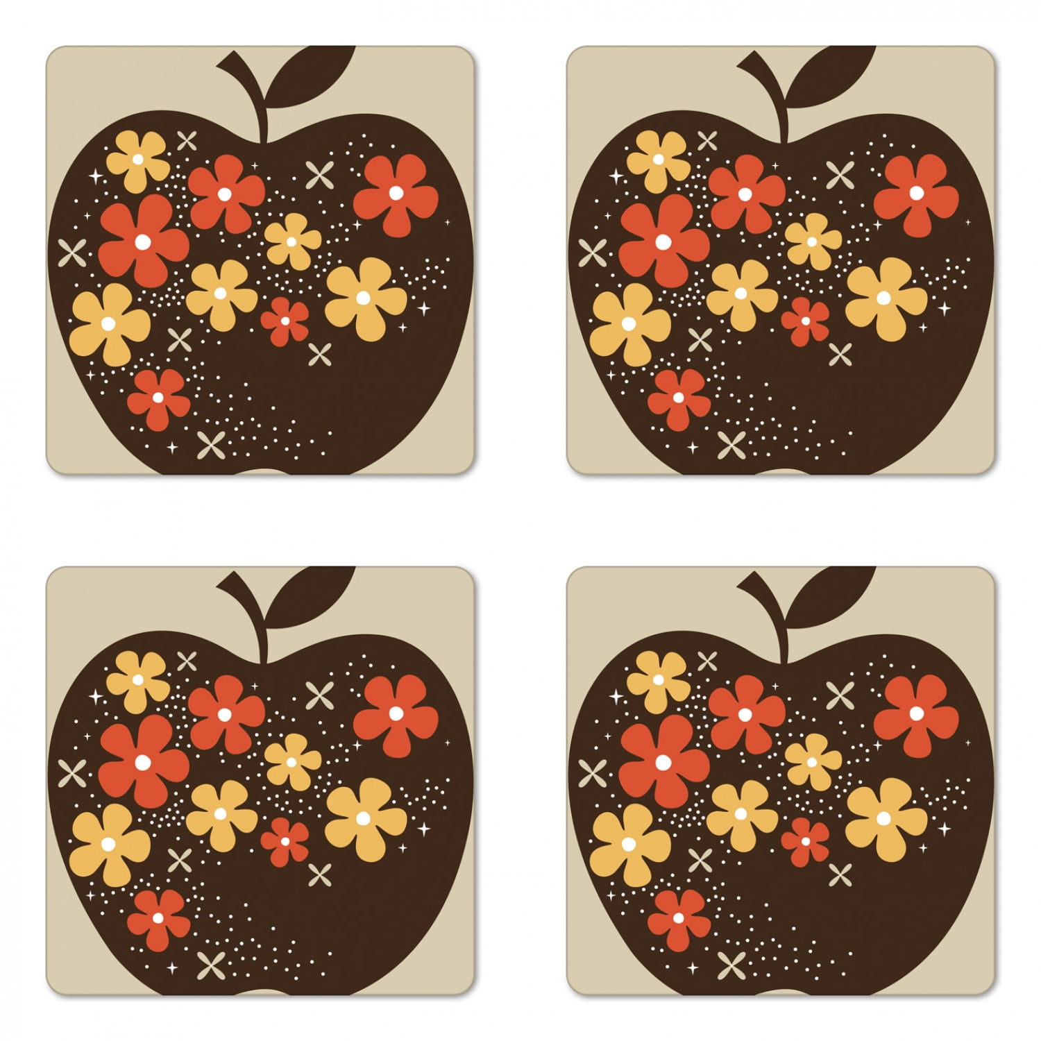 Download Modern Coaster Set of 4, Vector Design of a Wooden Like Apple with Floral Details Art, Square ...