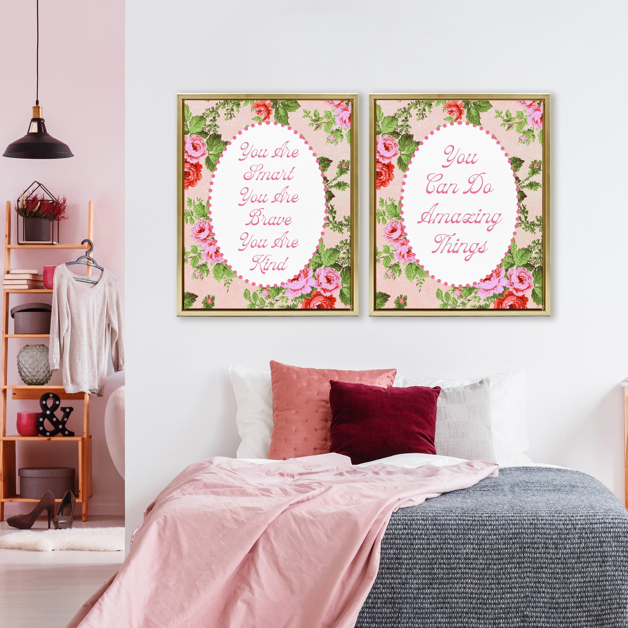 Stupell Industries Inspirations with Vintage Florals 2 Piece Gold Framed Floater Canvas Set, design by Lil' Rue