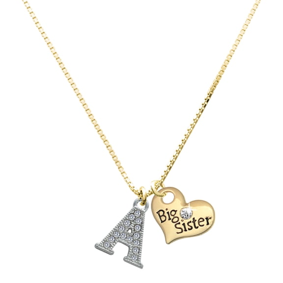 Delight Jewelry Silver-tone Crystal Initial - A - Large Goldtone Big Sister Heart Charm Necklace, 17.5" 2" Extender