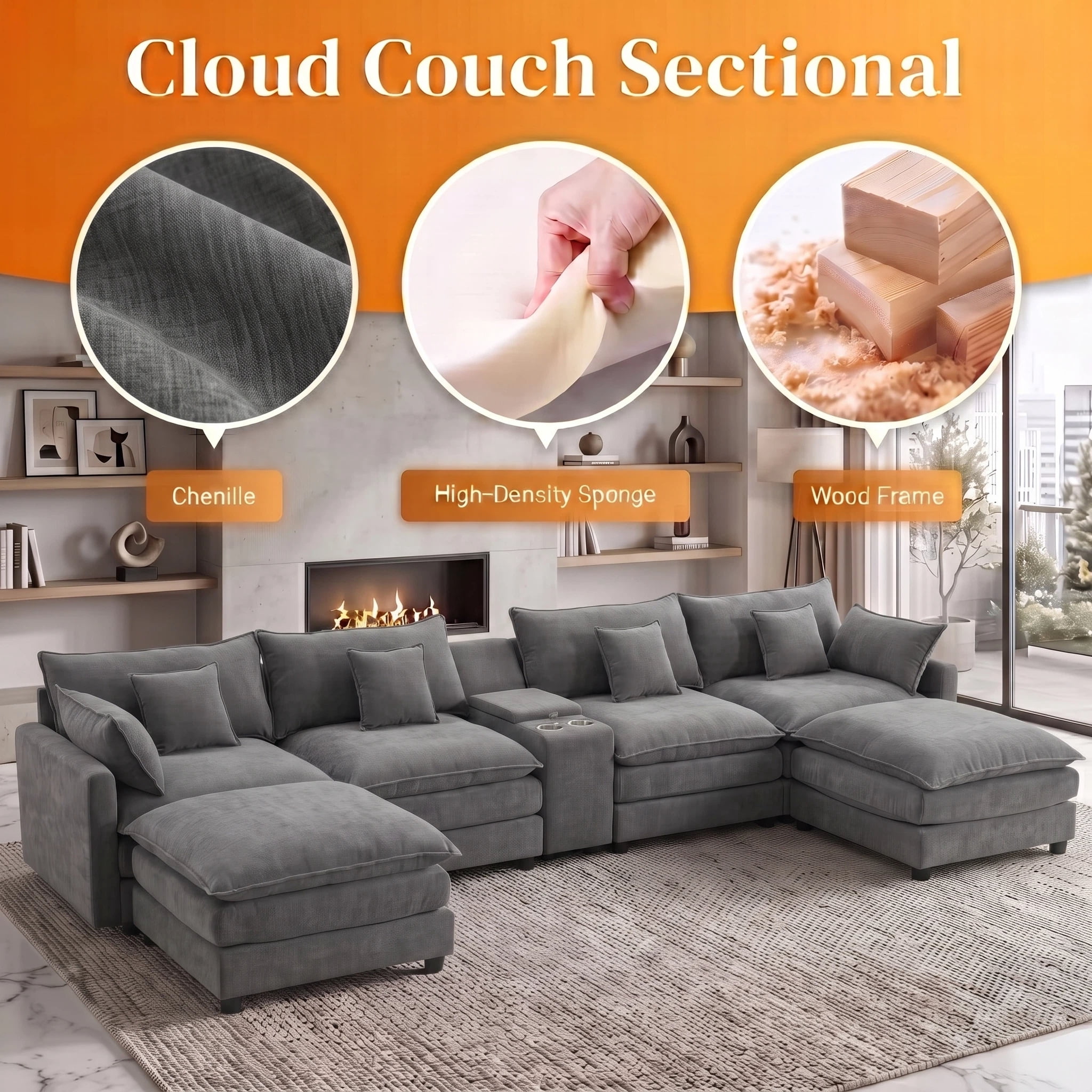 Vinform 145" U Shaped Cloud Couch Sectional with USB Charging, Hidden Storage, Cup Holders & Double Chaise, Grey