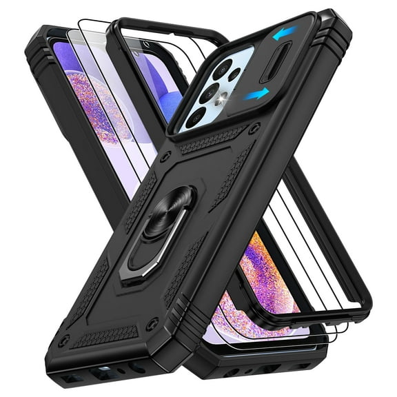 Jshru for Samsung Galaxy A23 Case with Slide Camera Cover | 2Pcs Screen Protector, 360°Rotation Ring Kickstand Drop Protector Cover for Galaxy A23, Black