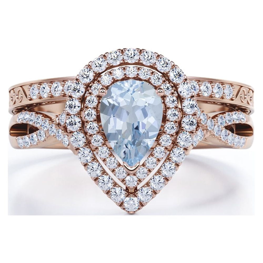 JeenMata Double Halo Twisted 1.35 Carat Almond Cut Vivid Blue Created Aquamarine and Moissanite Art Deco Filigree Bridal Set in 18K Rose Gold Plating over Silver