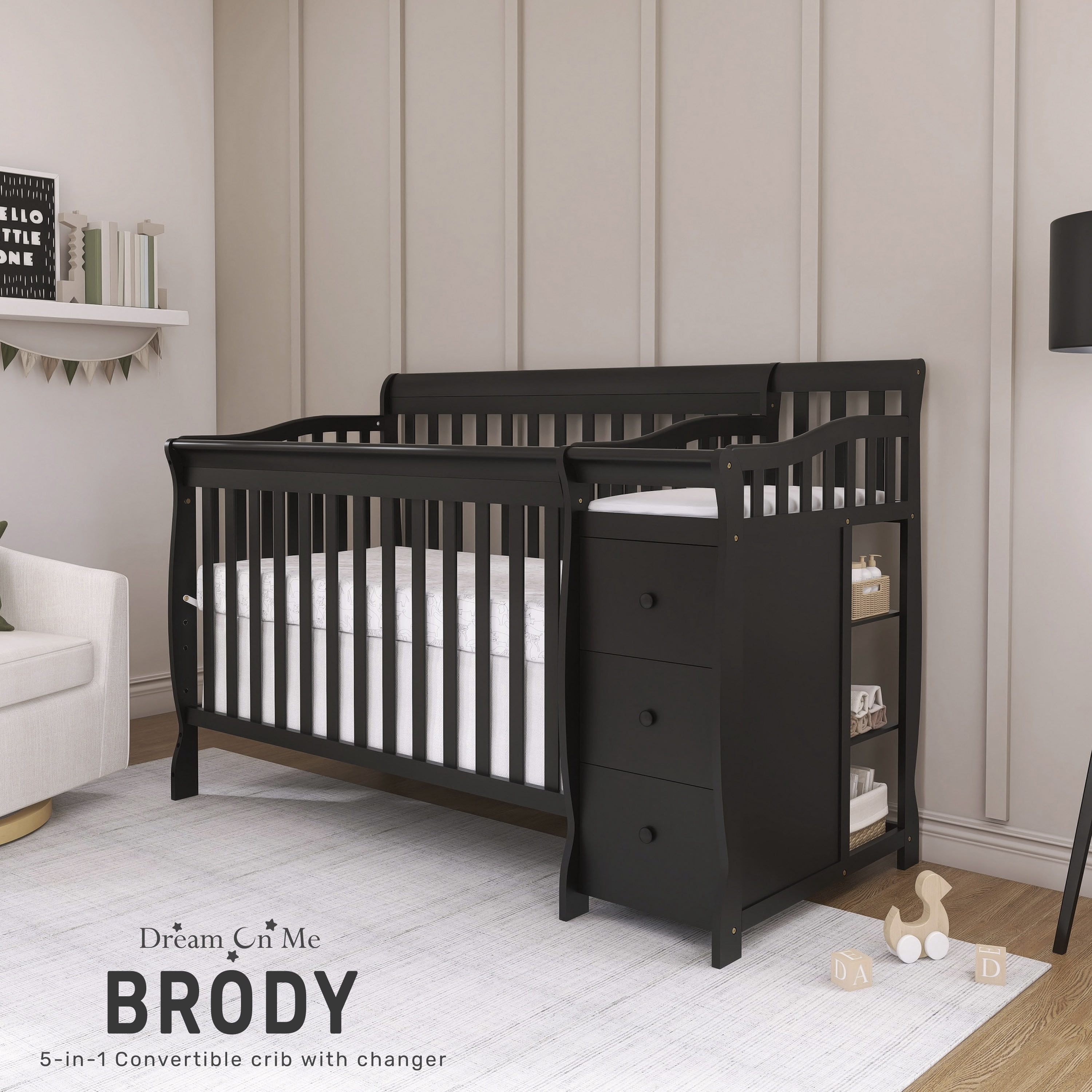 Dream On Me Brody 4-in-1 Fixed-Side Convertible Crib and Changing Table Combo, Black