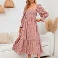 thumbnail image 6 of Pink Dresses for Women Puff Long Sleeve Printing Floral Pattern Holiday Dress Square Neck Fit And Flare Trendy Vacation Casual Sun Dress Maxi Fashion Daily A-Line Blouse Pleated Swing Hem Dress,M, 6 of 7