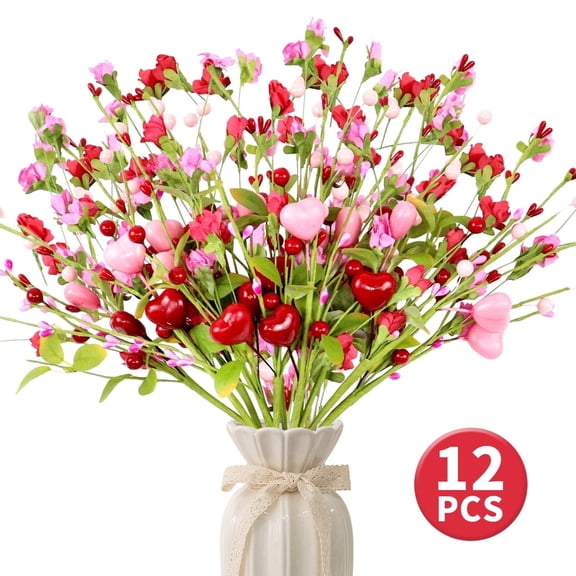Valentine's Day Floral Picks - 13.4 Inch Heart Stems in Red,Pink for Vase Arrangements and Table Decor,12 Pcs