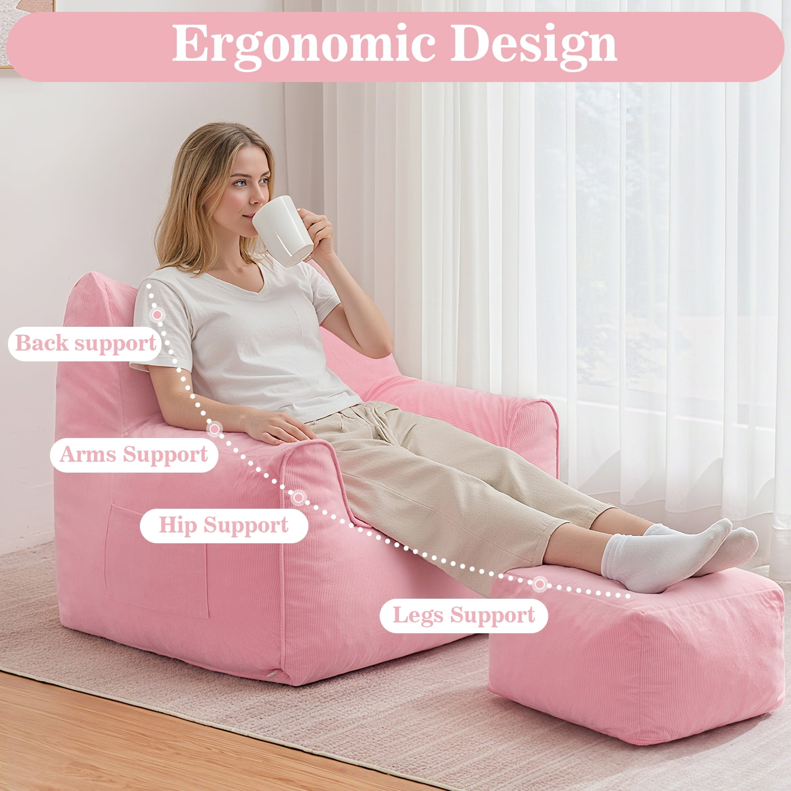 Lusimo Bean Bag Chair with Ottoman Bean Bag with Footstool for Adults Teens, Bean Bag Sofa with Washable Cover, Pocket, Handle for Bedroom, Living Room, Pink
