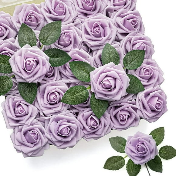 Mocoosy 50Pcs Rose Artificial Flowers, Real Looking Lilac Fake Roses for Decorations, Pale Purple Foam Rose Bulk with Stems for DIY Wedding Bouquets Floral Arrangements Bridal Shower Party Home Decor