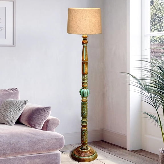 Royal Carving Antique Algae finish wooden floor lamp with Jute Shade
