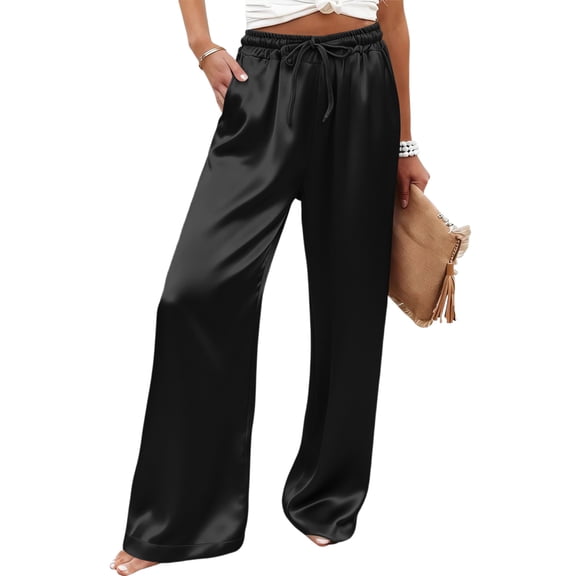 Wutalume Women's Satin Palazzo Pants, Summer Casual Wide Leg Trousers, Flowy Beach Vacation Outfits,Elastic Waist, Dress Up or Down,Black L