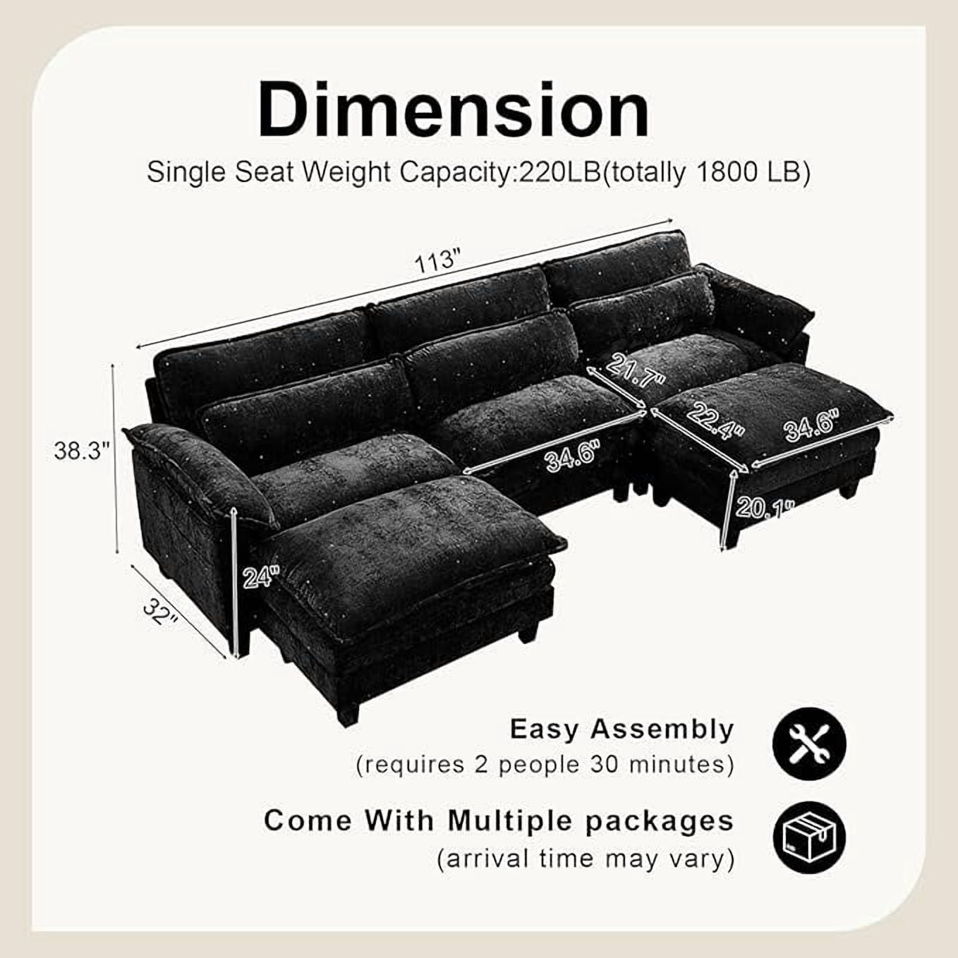 Howcool 113" Modular Sectional Sofa, U-Shaped 3 Seater Cloud Couch with Movable Ottoman, Deep Seat Chenille Sofa with USB Charging Ports & Side Pockets for Living Room, Black