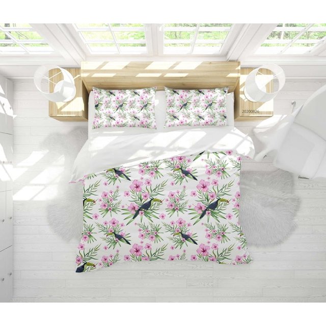 3D Flores Pájaros Hojas Patrón Funda nórdica Set Ropa de cama Set Funda nórdica