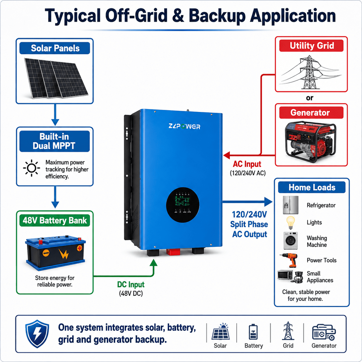 ZLPOWER 12000W 48V Hybrid Solar Inverter , 36000W Peak , UL1741 Certified , 120/240V Split Phase , Built-in Dual 80A MPPT , LiFePO4 Battery Compatible , WiFi Monitoring