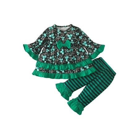 

Infant Baby Girls St. Patricks Day Outfit 3M 6M 9M 12M 18M 24M Long Sleeve Clover Print Ruffle Hem Tops + Striped Flare Pants Clothes Set