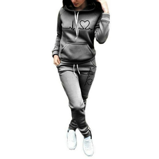 Fashnice Survêtements pour Femmes Manches Longues Ensemble 2 Pcs Ensemble de Jogging à Capuche Chaud Gris Foncé S