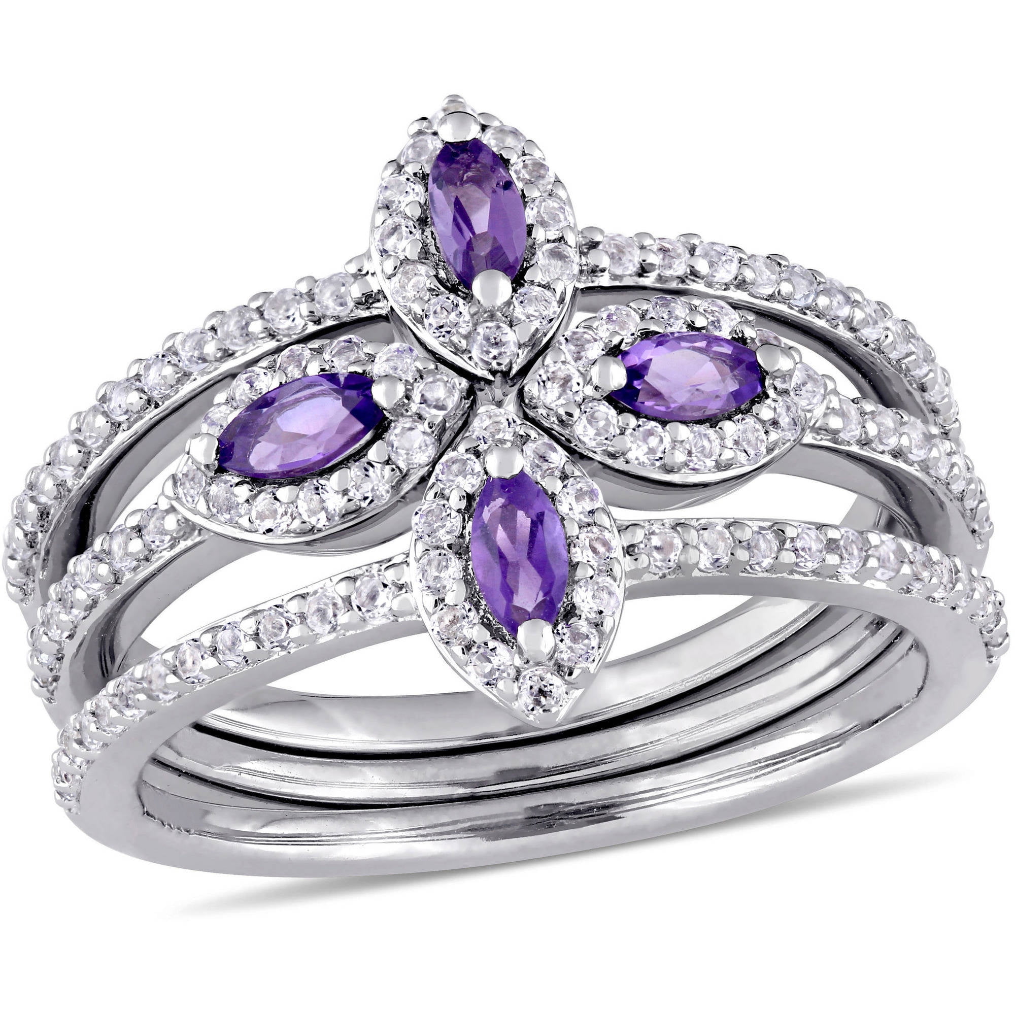 Tangelo 4 5 Carat T.G.W. Marquise-Cut Amethyst and White Topaz Sterling Silver Floral Three-Piece Ring Set by Tangelo