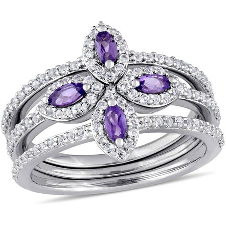 Tangelo 4/5 Carat T.G.W. Marquise-Cut Amethyst and White Topaz Sterling Silver Floral Three-Piece Ring Set