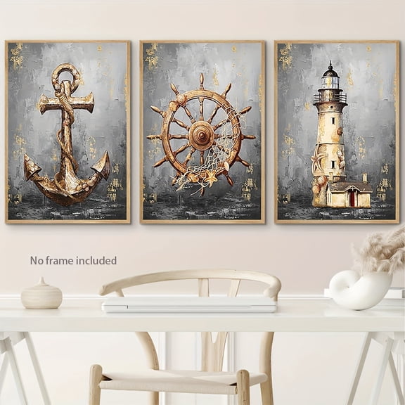 3pcs Nautical Canvas Wall Art Set - Vintage Lighthouse, Anchor and Steering Wheel, with Gold Leaf Decoration, 15.7x23.6 inches, Unframed Decoration, Suitable for Living Room, Bedroom, Office, Coasta