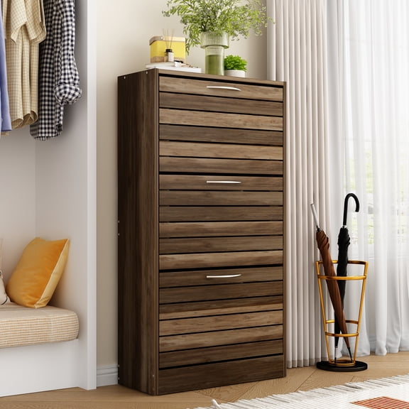 KULAGAGA Shoe Cabinet Entryway, Shoe Storage Organizer with 3 Compartments, Dark Brown