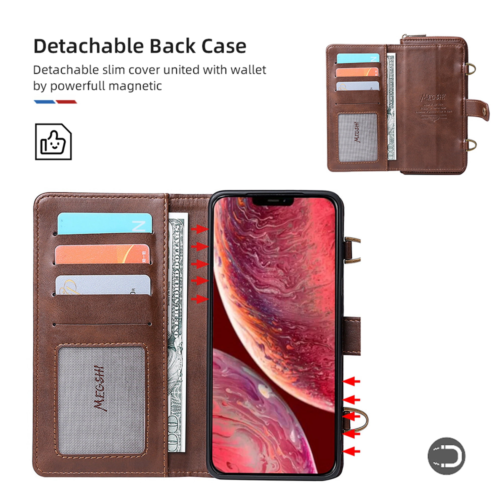 Dteck Wallet Case for iPhone 12 Pro / iPhone 12 6.1-inch, 2 in 1 Magnetic Detachable Wallet Purse [Crossbody Chain] Durable PU Leather Zipper Handbag Folio Flip Card Slot Protection Back Cover, Brown
