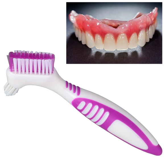 Denture Cleaning Brush, Denture Brush Cleaner Set For Denture Care False Teeth Cleaning, Denture Cleanser Tool W/ Multi-Layered Bristles And Rubber Handle