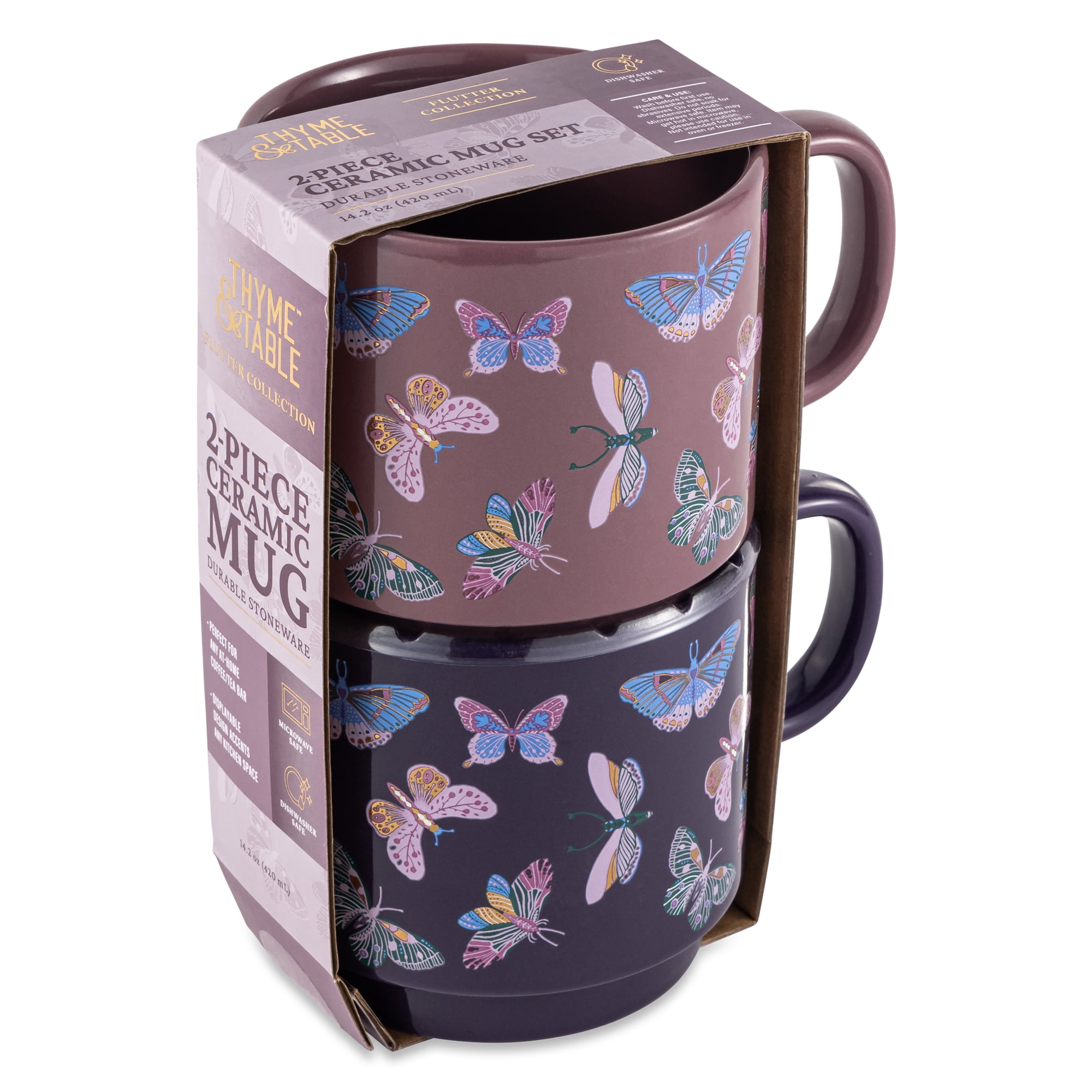 Thyme & Table 2 Pack Stacking Butterfly Purple Mugs 14.2 fl oz, Stoneware