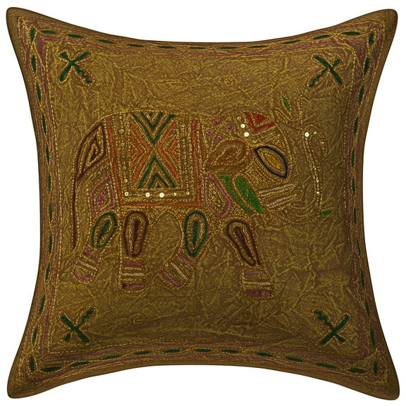 Stylo Culture Ethnic Chair Seat Throw Pillow Cover 16x16 Gold Thread Embroidered Brown Indian 40x40 cm Home Decor Cotton Elephant Square Cushion Cover | 1 Pc