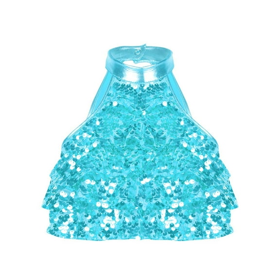 CHICTRY Kids Girls Tiered Shiny Sequins Latin Dance Crop Top Backless Tank Top Jazz Cha-cha Dancewear Light Blue 10