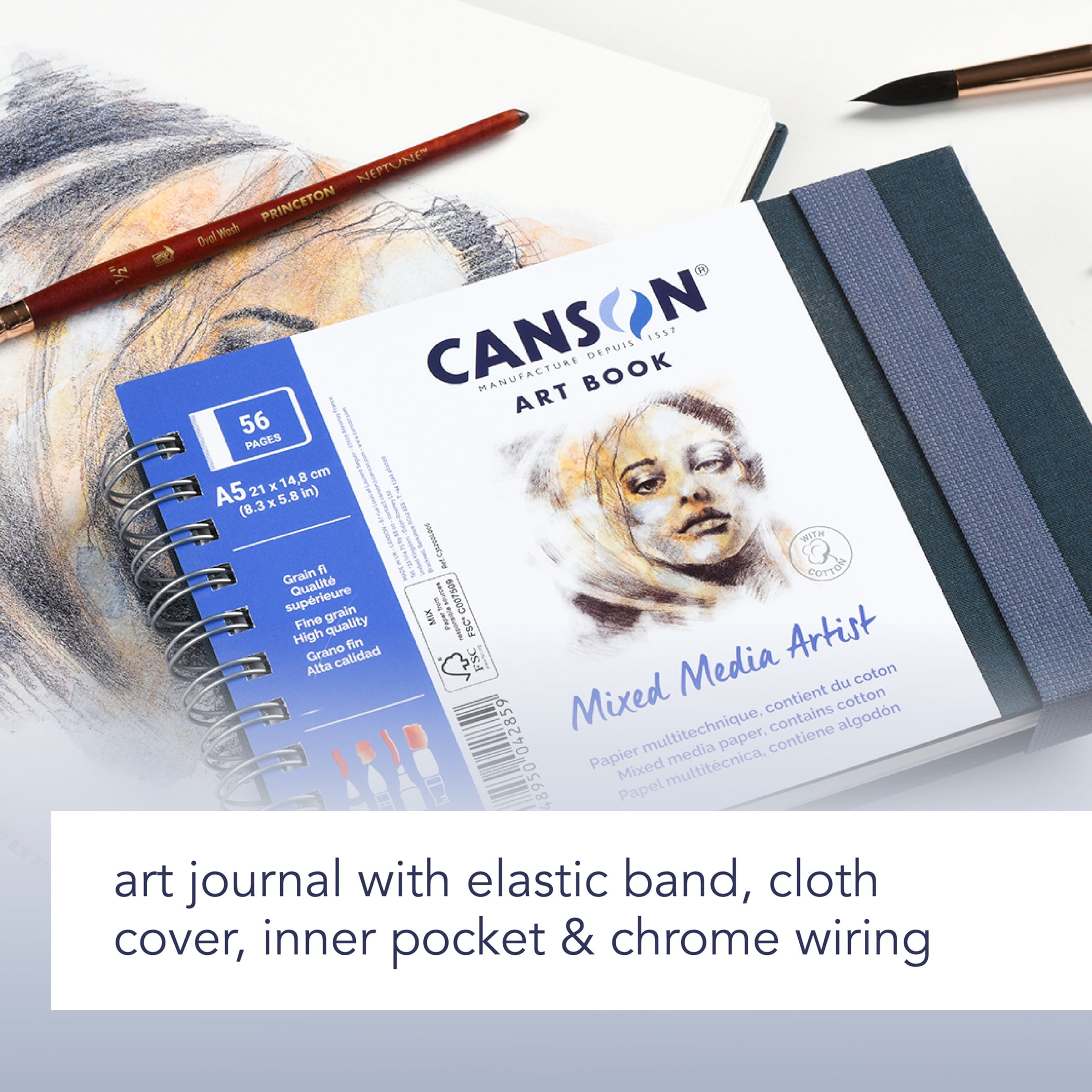 Canson Artist Series Mixed Media Art Book, Fabric Cover, Side Wire Binding, 56 Sheet, 8.3x11.7 inch