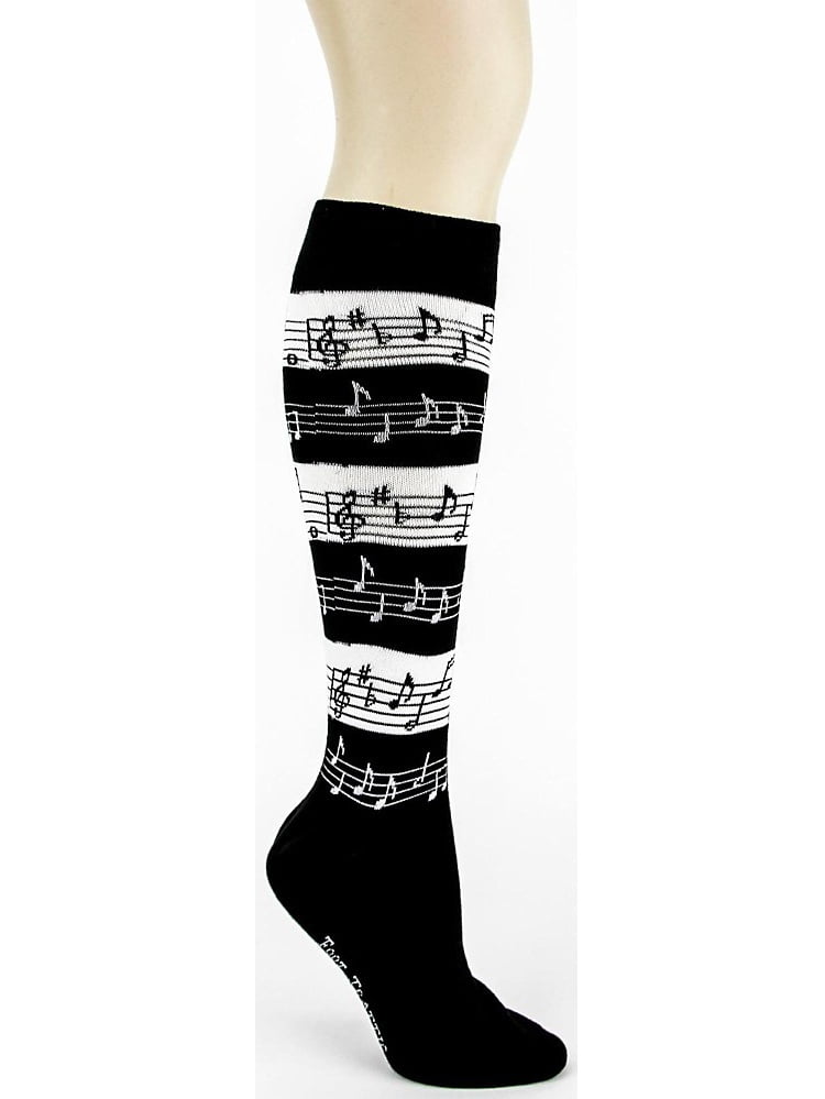Foot Traffic Black White Musical Notes Knee High Womans Cotton Blend Socks New 