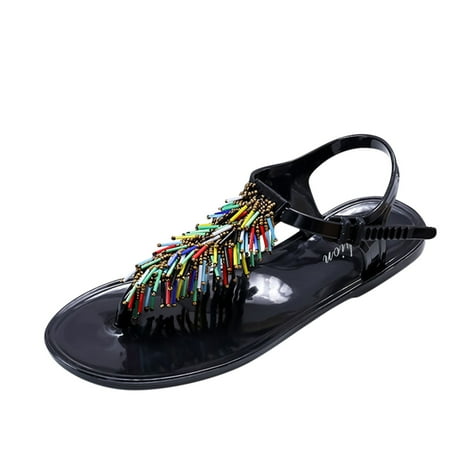 

Wiueurtly And Solid Color Summer Flat Beaded Sandals Fashion With Flip Flops Comfortable Women s Spring Women s sandals Seven7 Sandals Formal Sandals for Women Rose