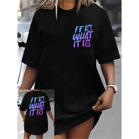 IT IS WHAT IT IS Gradient Print Plus Size Women'S T-Shirt Oversized Black Tee with Color Transition from Blue to Pink, Casual And Trendy Urban Style, Fashion Lovers Must, Vacation Clothing