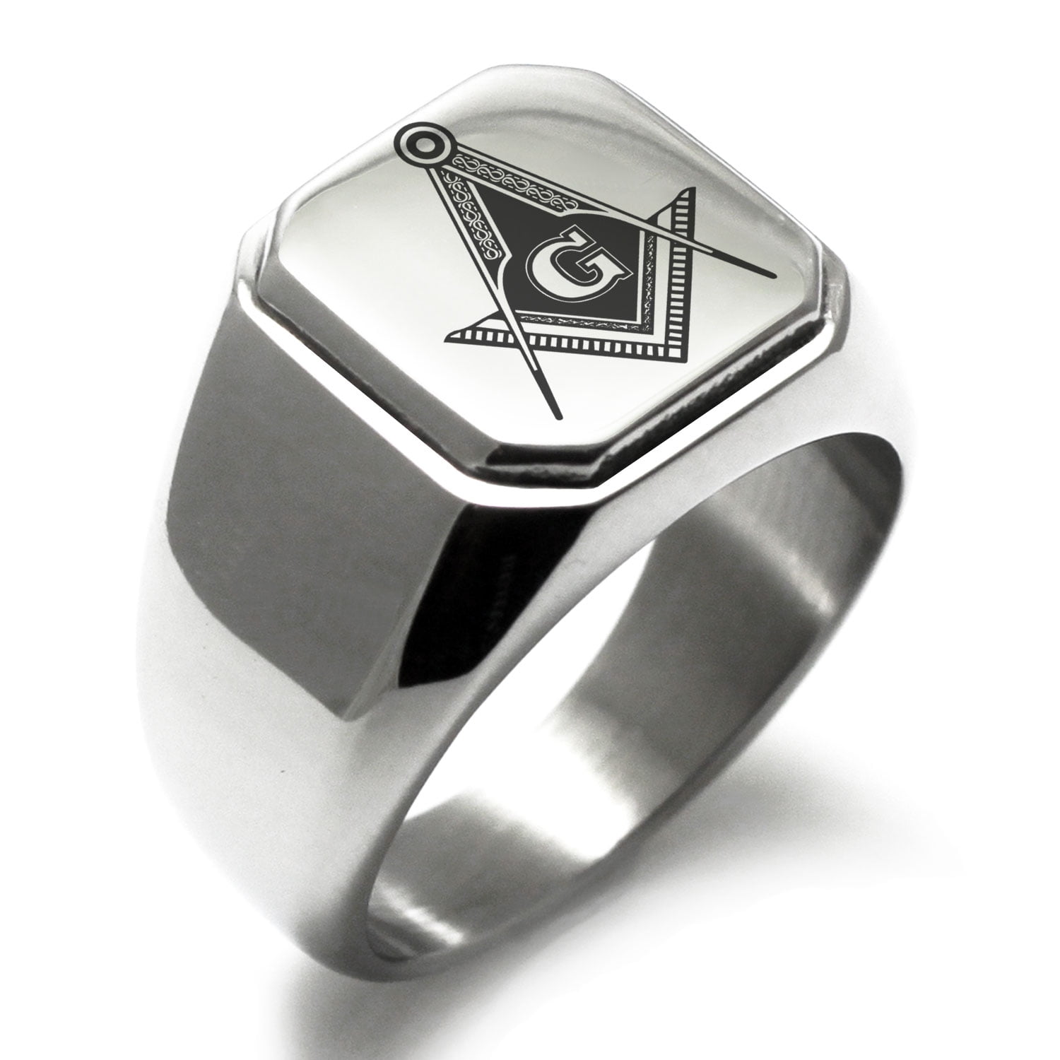 IP Gold And Burnish Steel 2-Tone Square Face Masonic Stainless Steel Ring M4659 
