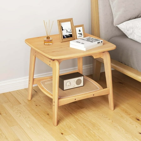 Costway 1 PCS Bamboo Sofa Side Table with Faux Rattan Storage Shelf Boho End Table Living Room - Natural