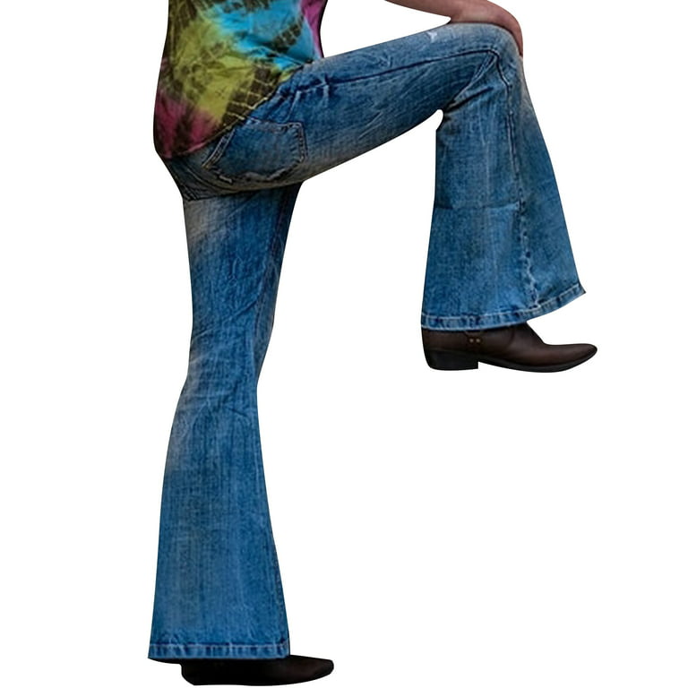 Frontwalk Men Vintage 60s 70s Bell Bottom Stretch Fit Classic Denim Jeans  Flared Flares Retro Leg Disco Denim Pants 