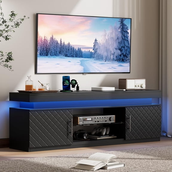 FANRAL Led TV Stand for Living Room,Bedroom TV Stand for 65 inch TV,Modern Entertainment Center,Wood TV Stand TV Cabinet with Power Outlet & Rgb Led Lights & Adjustable Glass Shelf,Black