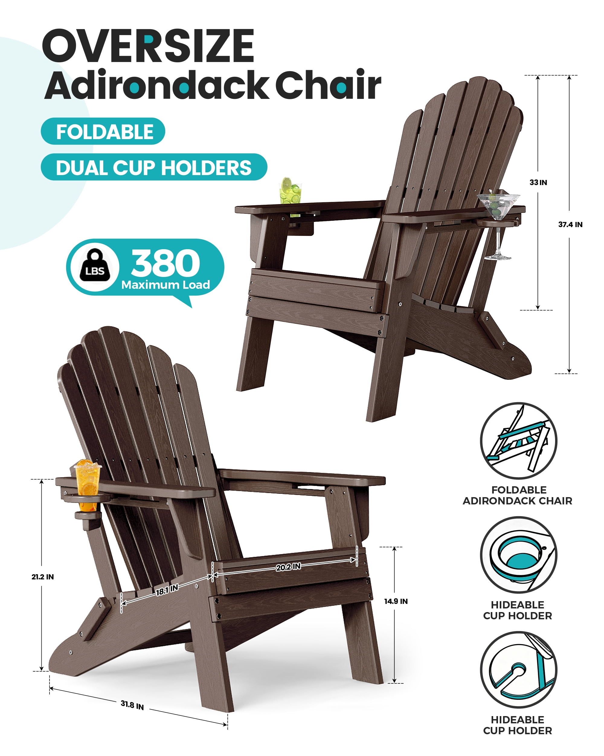 Cobiod Adirondack Chair, Foldable Lawn Chair with Dual Cup Holders, Weather Resistant High Back for Patio, Garden, Beach, Coffee