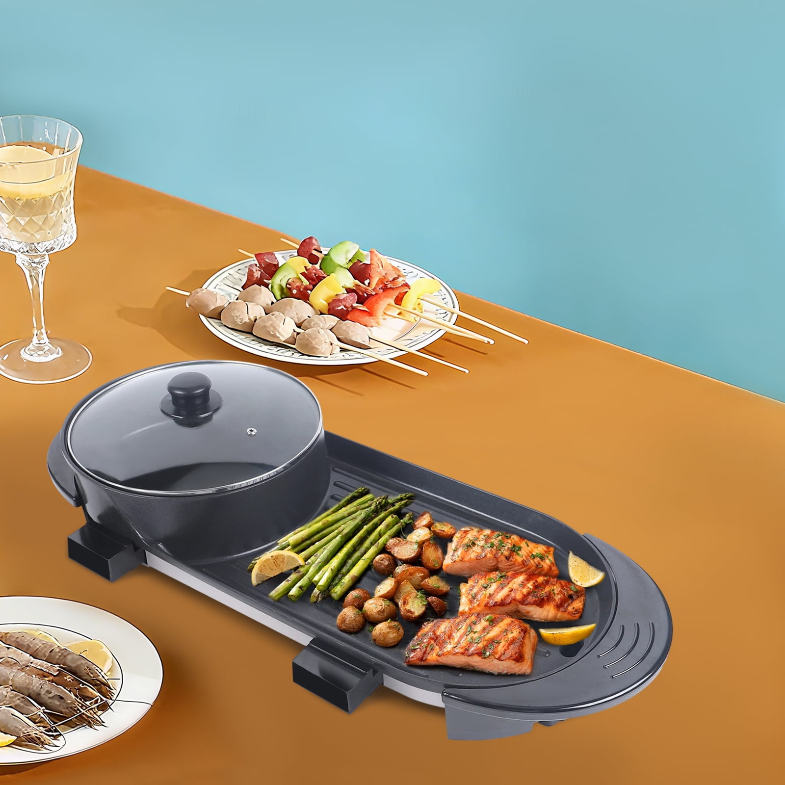 Hot Pot and Grill Combo 2-in-1, 2200W Electric Korean BBQ & Shabu Shabu with Divided Pot & Dual Temp Control, Non-Stick Smokeless Tabletop Cooker for 4-8 People Family Gathering