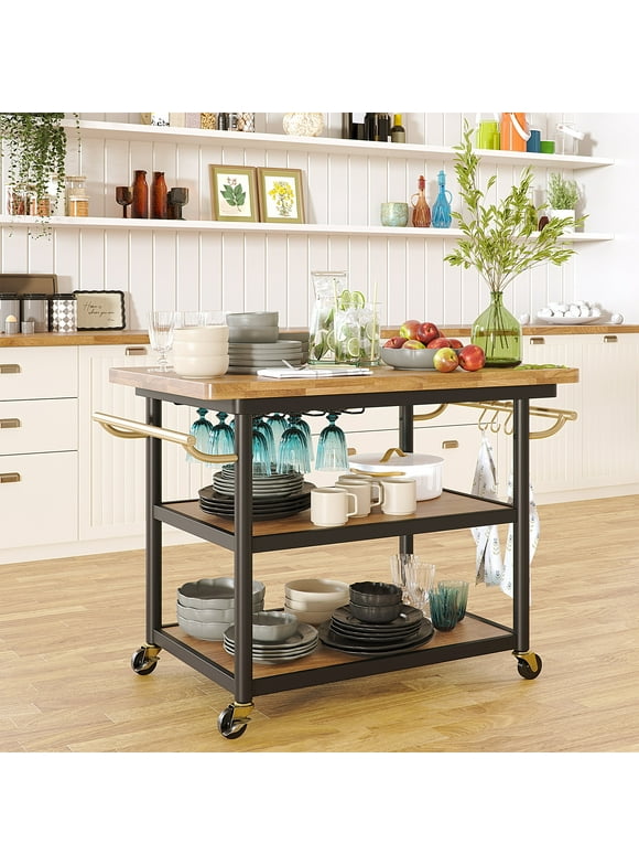 Beautiful Wheeled Kitchen Cart with 2 lower shelves by Drew Barrymore, Black Finish