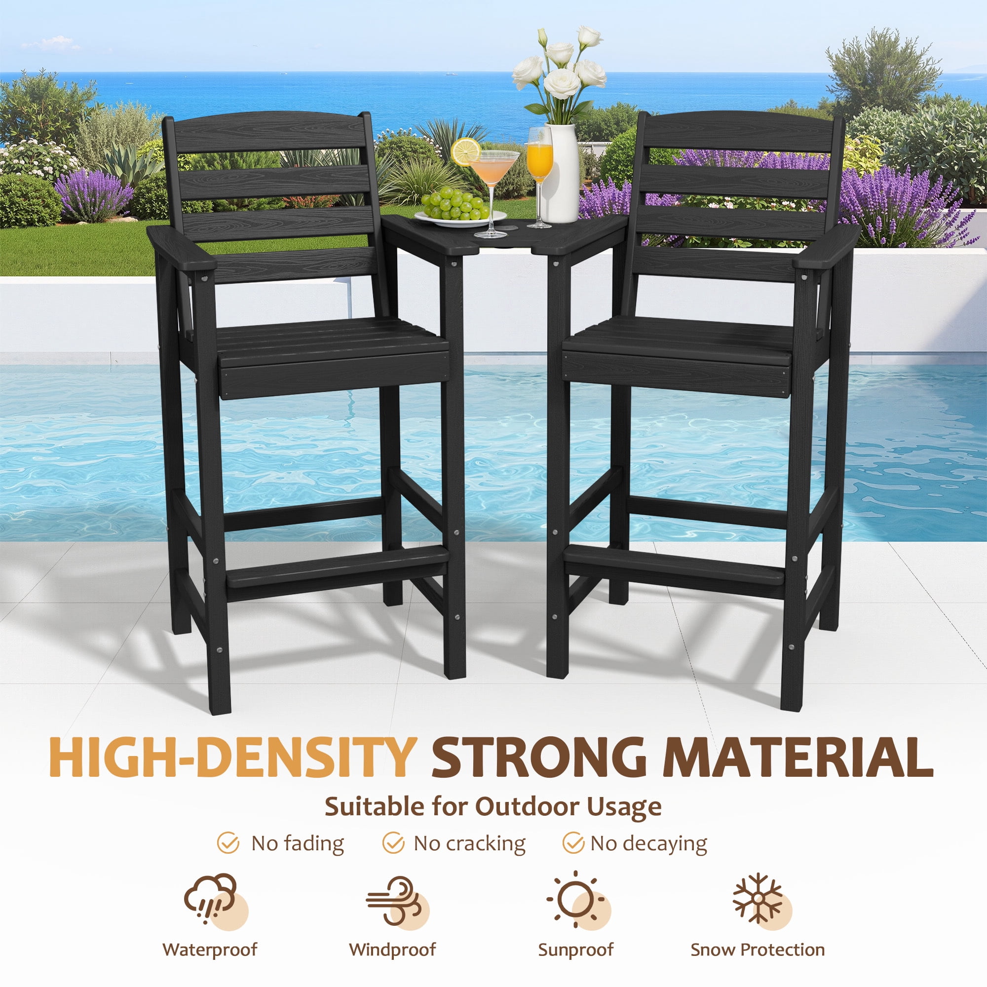 RIAFUN HDPE Height Bar Stools Set of 2 with Removable Connecting Table, Weather Resistant Outdoor Tall Adirondack Chairs with Umbrella Hole for Patio, Poolside, Garden, Black