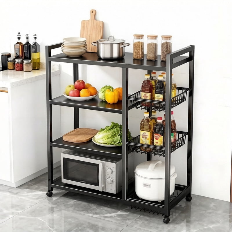 Howcool Movable Kitchen Rack w/ Wheels, Heavy-Duty 4-Tier Storage Cart w/ 3 Mesh Baskets , Metal Shelf Organizer
