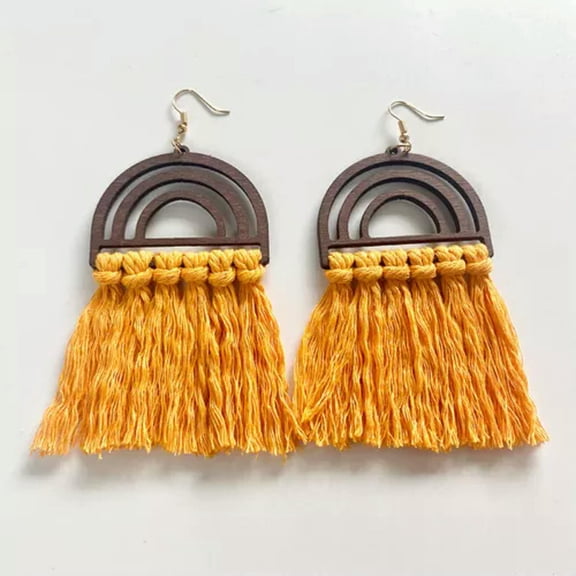 Handmade Macrame Tassel Wood Arch Dangle Earrings Woman Chic Daily Jewelry New