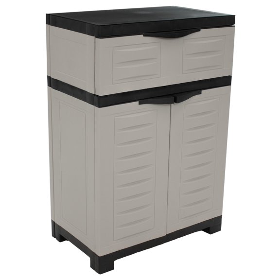 Sunnydaze Adjustable 34.5" Plastic 1-Shelf 1-Drawer Freestanding Storage Cabinet, Gray with Charcoal Trim