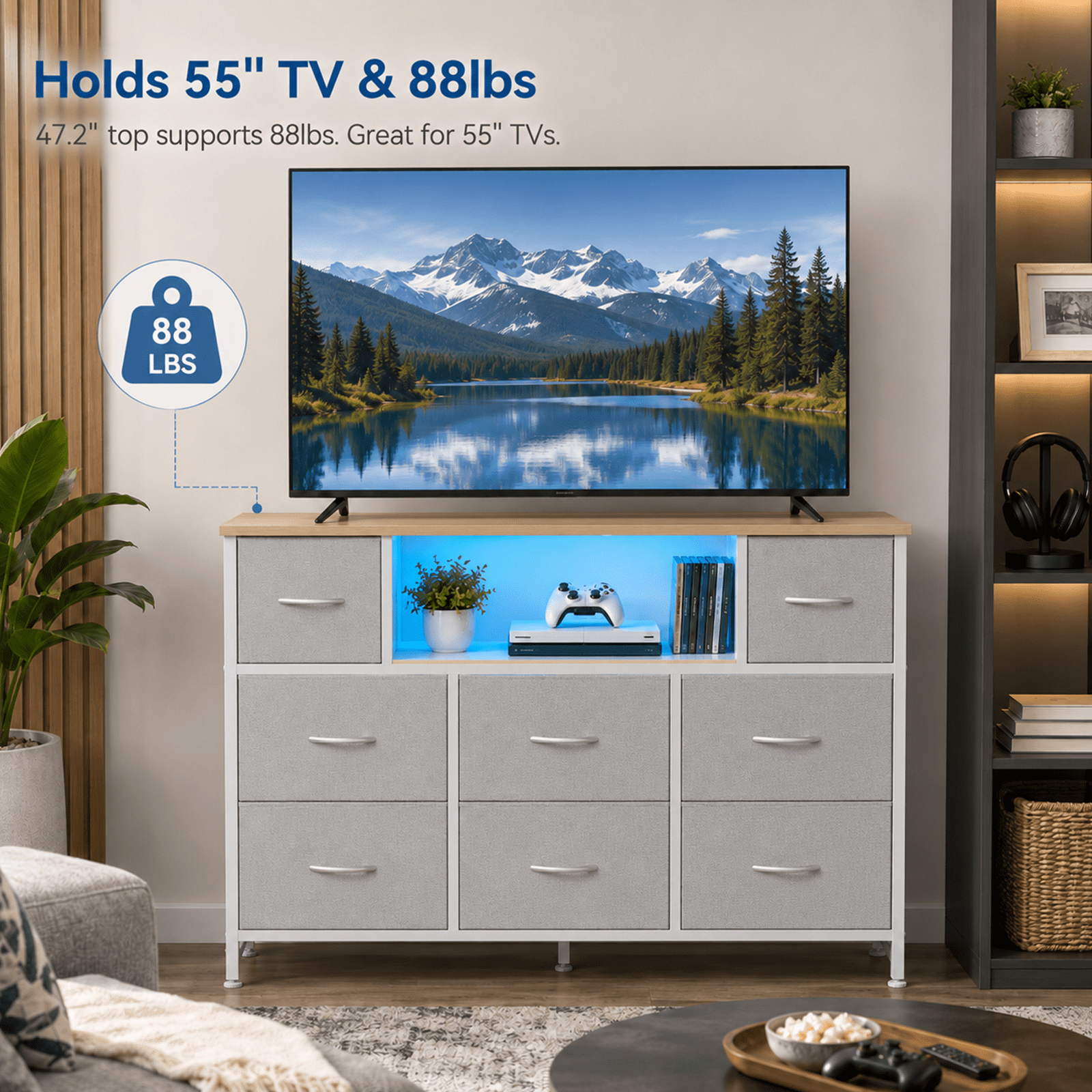 Alvantor Dresser TV Stand for 45, 50, 55 inch TV, Entertainment Center with LED Lights & Charging Station, Chest of Drawers with 8 Fabric Drawers and Open Shelves for Living Room, Hallway, Wood Top