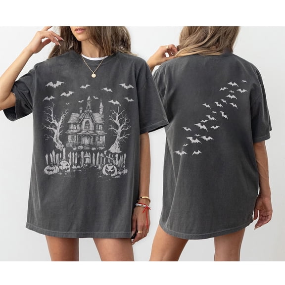 Vintage Haunted House Comfort Colors 2 Sided T-Shirt, Halloween, Summerween, Bats, Spooky Season Shirt