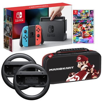 Nintendo Switch Bundle 32gb Console Red And Blue Joy Con Nintendo Switch Wheel Set Of 2 Deluxe Travel Case And Mario Kart 8 Deluxe Edition Video Game Walmart Com Walmart Com